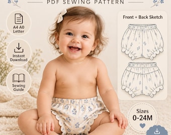Scallop Baby Bloomers Sewing Pattern, Soft Gathered Fit, Elastic Waist (PDF Download)