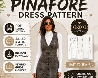 Women's Pinafore Mini Dress Sewing Pattern (PDF), V-Neck Button Front Jumper (XS-XXXL)