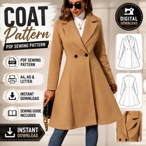 May include: A digital PDF sewing pattern for a tan, double-breasted coat with a flared skirt, notched lapels, and two black buttons. The image includes text labels for PDF sewing pattern, A4, A0, and letter formats, and instant download.