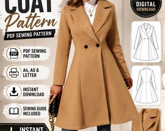 Double-Breasted Flared Coat Sewing Pattern, Fitted Waist Jacket (PDF Download)