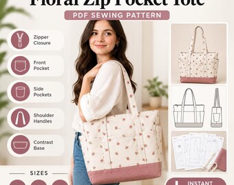 Patrón de costura para bolso tote con cremallera y estampado floral, descarga instantánea en PDF (S, M, L)