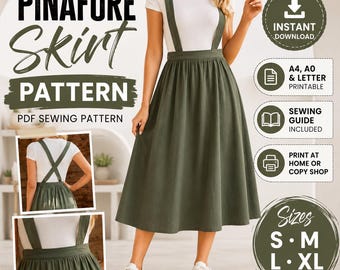 Pinafore Skirt Sewing Pattern, Suspender Midi Skirt PDF, Women's Sizes S-XL (Instant Download)