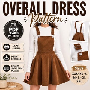 Könnte beinhalten: Ein Schnittmuster für ein Latzkleid aus braunem Cord, verfügbar als PDF-Download in den Formaten A4, A0 und Letter. Das Design umfasst einen ausgestellten Rock, verstellbare Metallschnallen und eine detaillierte Nähanleitung für die Größen XXS bis XXL.