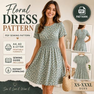 May include: A sage green floral dress with short sleeves and a smocked waist. The digital sewing pattern includes A4, A0, and letter printable formats, a sewing guide, and is available for instant download in sizes ranging from XS to XXXL.