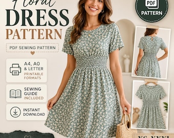 Floral Smocked Waist Dress Sewing Pattern, Women's PDF (Instant Download)