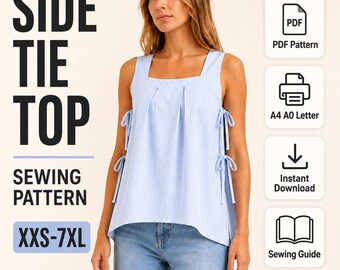 Side Tie Tank Top Sewing Pattern, Women's Square Neckline (PDF Download)