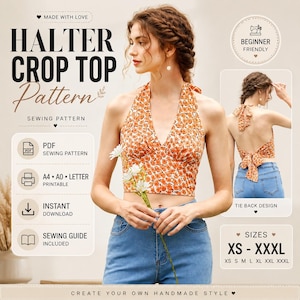 Peut inclure: Un patron de couture pour un haut court dos nu avec un motif floral orange et blanc. Le patron comprend un format PDF, A4, A0 et lettre imprimable, un téléchargement instantané et un guide de couture. Tailles de XS à XXXL.