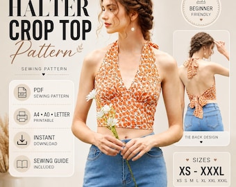 Floral Halter Crop Top Sewing Pattern, Tie Back Design (PDF Download)