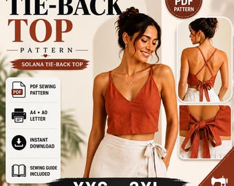 Tie-Back Crop Top Sewing Pattern, Beginner Friendly, Adjustable Ties (PDF Download)