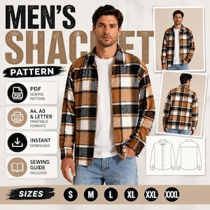 May include: A digital sewing pattern for a plaid shacket featuring a brown, black, and white checkered design. The pattern includes PDF files for A4, A0, and letter formats, an instant download option, a sewing guide, and size options from S to XXXL.