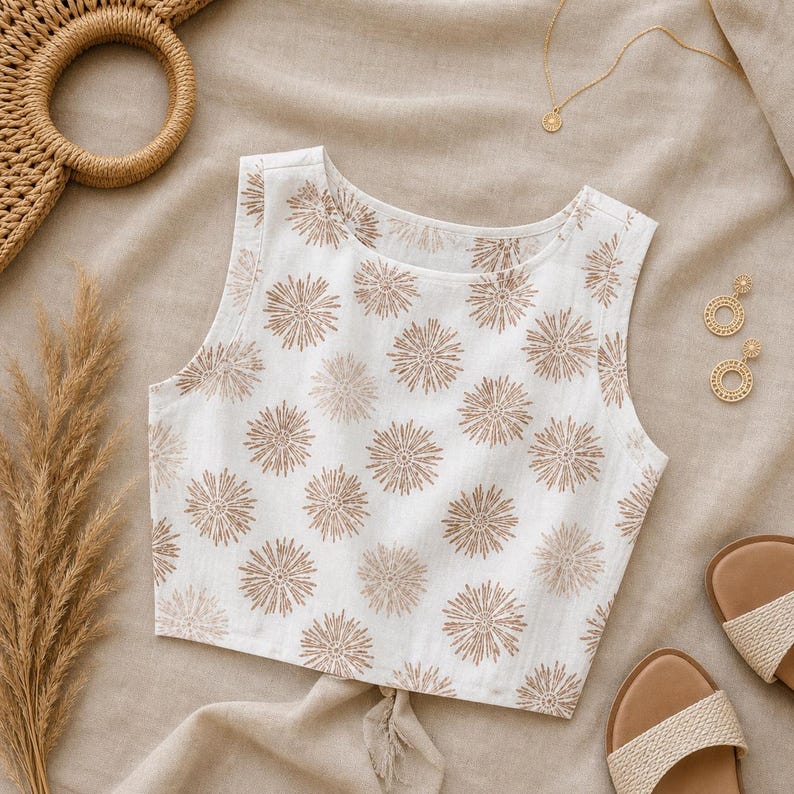 Puede incluir: Un top corto sin mangas de color blanco con un patr&oacute;n repetitivo de motivos florales marrones en forma de estrella o diente de le&oacute;n. La prenda tiene un cuello redondo y un dobladillo recto, confeccionada en tela clara con textura.