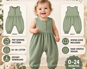 Baby Bloomers Sewing Pattern, Gathered Snap Crotch Playsuit (PDF Download)