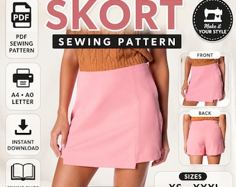 Women's Skort Sewing Pattern, High Waist Skirt Shorts (PDF Download)