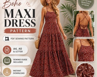 Boho Maxi Dress Sewing Pattern, Open Back Sundress, Women's Summer Style (PDF Download)