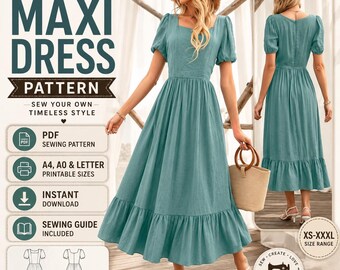 Women's Maxi Dress Sewing Pattern, Square Neck Puff Sleeve (Digital Download)