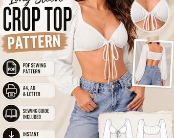 Long Sleeve Crop Top Sewing Pattern, Tie Front Puff Sleeve Blouse (PDF Download)