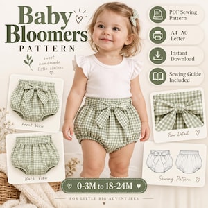May include: A digital sewing pattern for baby bloomers featuring text Baby Bloomers Pattern, 0-3M to 18-24M, and icons for PDF, A4, A0, Letter, and instant download. The image displays a child wearing green and white gingham bloomers with a bow.