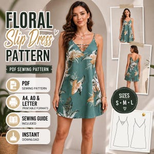 May include: A digital PDF sewing pattern for a floral slip dress featuring a teal green fabric with a tropical leaf print, thin spaghetti straps, and a V-neckline with horizontal strap details. Includes printable A4, A0, and letter formats.