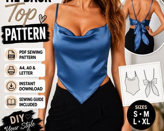 Tie Back Cami Top Sewing Pattern, Cowl Neck, Bow Detail (PDF Download)