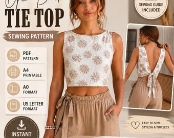 Open Back Tie Top Sewing Pattern, Crop Top PDF, Sizes XS-XXXL (Instant Download)