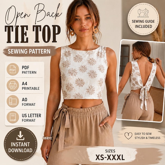 Open Back Tie Top Sewing Pattern, Crop Top PDF, Sizes XS-XXXL (Instant Download)