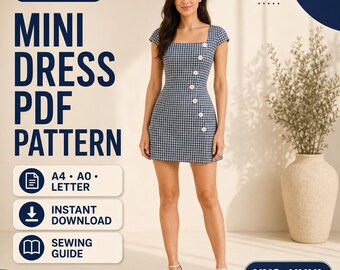 Square Neck Mini Dress Sewing Pattern, Button Front PDF (Instant Download)
