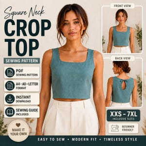 Op de afbeelding: Een digitaal naaipatroon voor een blauwgroene crop top met vierkante hals. Het ontwerp heeft een mouwloos lijfje met een vierkante halslijn en een rugopening met een striksluiting. Inclusief PDF-bestanden in A4, A0 en letter-formaat voor maten XXS tot 7XL.