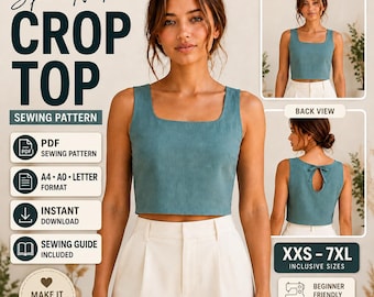 Square Neck Crop Top Sewing Pattern, Tie Back, Fitted Silhouette (PDF Download)
