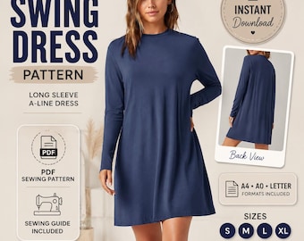 Women's Swing Dress Sewing Pattern, Long Sleeve PDF Pattern, A4 A0 Letter Instant Download
