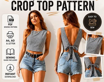 Open Back Tie Crop Top Sewing Pattern, Women's Summer Style (PDF Download)