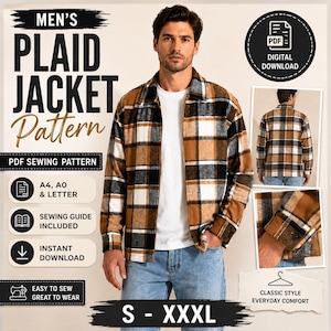 May include: A digital PDF sewing pattern for a plaid jacket featuring a brown, black, and white checkered design. The pattern includes A4, A0, and letter formats, a sewing guide, and is available for sizes S through XXXL as an instant download.