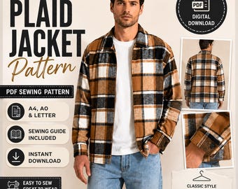 Men's Plaid Shacket Sewing Pattern, Classic Jacket (Digital Download)