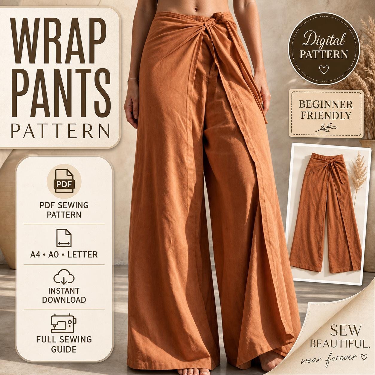 Boho Wrap Pants Sewing Pattern | Wide Leg Palazzo Trousers