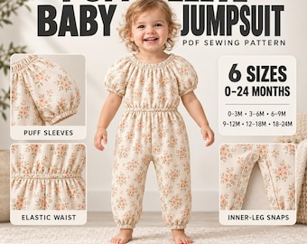 Baby Puff Sleeve Jumpsuit Sewing Pattern, 0-24 Months, Vintage Style (PDF Download)