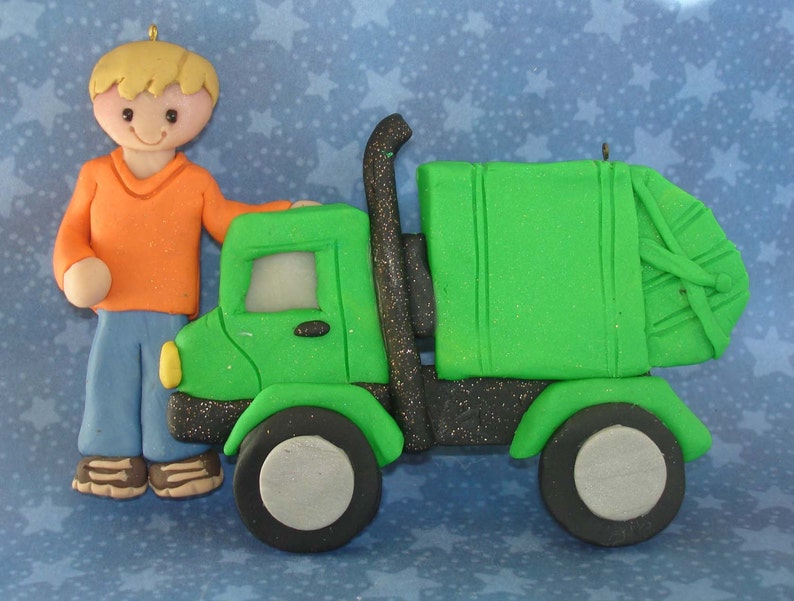 Garbage Truck Christmas Ornament Worker Trash Collector Can Dumpster Polymer Clay Milestone Waste Collection Birthday Grooms Cake Topper
