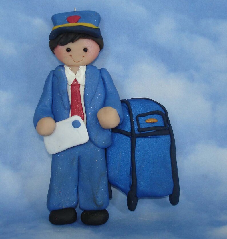 Mail Carrier Christmas Ornament Letter Post Office Box Handcrafted Polymer Clay Milestone Cake Topper Mailman Shipping Postal Stamps Package