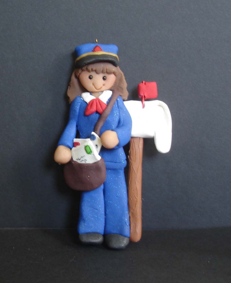 Mail Carrier Christmas Ornament Letter Post Office Box Handcrafted Polymer Clay Milestone Cake Topper Mailman Shipping Postal Stamps Package