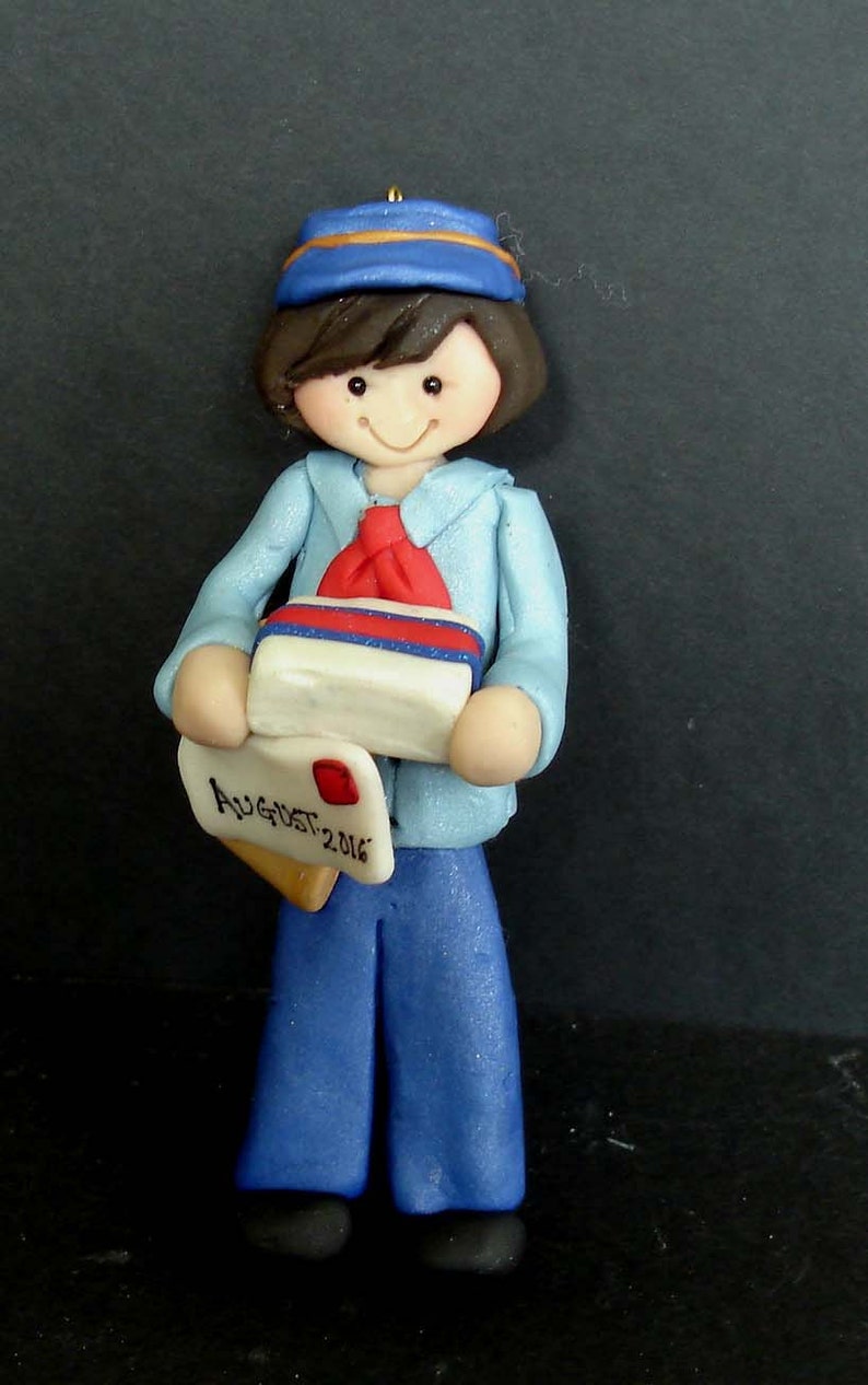 Mail Carrier Christmas Ornament Letter Post Office Box Handcrafted Polymer Clay Milestone Cake Topper Mailman Shipping Postal Stamps Package
