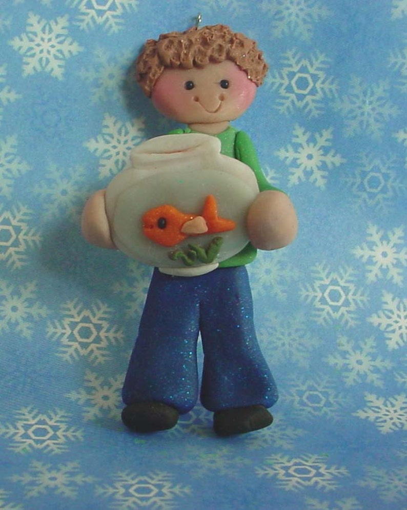 Goldfish Bowl Christmas Ornament Polymer Clay Milestone Cake Topper Fish 1st Pet Store Owner Aquarium Sea weed Gravel Birthday