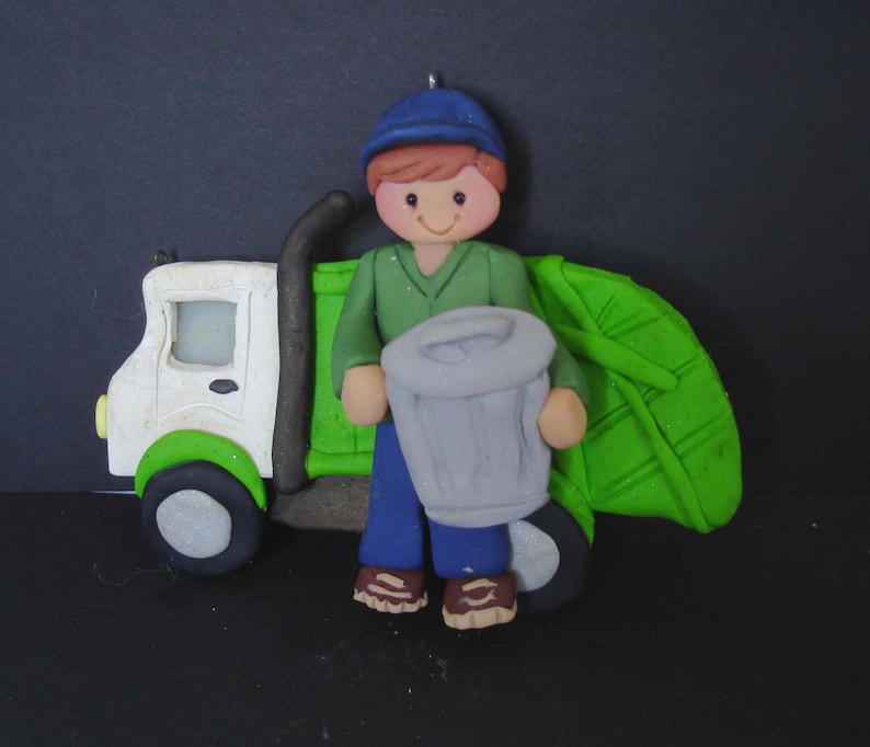 Garbage Truck Christmas Ornament Worker Trash Collector Can Dumpster Polymer Clay Milestone Waste Collection Birthday Grooms Cake Topper