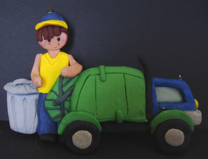 Garbage Truck Christmas Ornament Worker Trash Collector Can Dumpster Polymer Clay Milestone Waste Collection Birthday Grooms Cake Topper