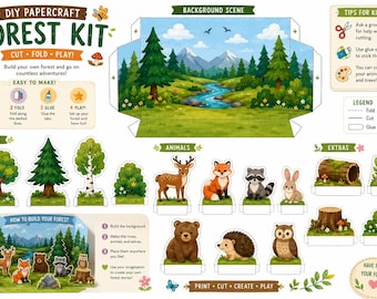 May include: A DIY papercraft forest kit featuring a printable background scene of mountains, trees, and a river, along with cut-out figures of a deer, fox, raccoon, rabbit, bear, hedgehog, owl, trees, and logs with instructions for assembly.