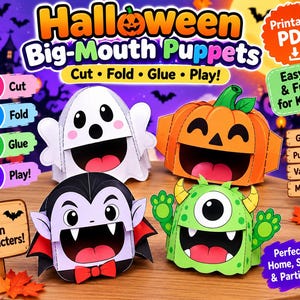 Peut inclure: Un ensemble de quatre marionnettes en papier Halloween à grande bouche comprenant un fantôme blanc, une citrouille orange, un vampire avec un nœud papillon rouge et un monstre vert. Le texte indique Halloween Big-Mouth Puppets, Cut, Fold, Glue, Play.