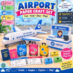 Pode incluir: Um conjunto de artesanato em papel de aeroporto com um avião branco da Sky Airlines, um balcão de check-in com funcionário, três malas coloridas, dois passaportes, dois cartões de embarque e vários sinais de aeroporto.