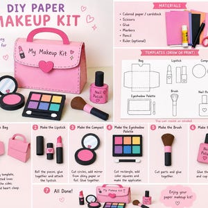 May include: A DIY paper makeup kit featuring a pink paper handbag labeled My Makeup Kit, a paper lipstick, a compact, an eyeshadow palette, a makeup brush, and a bottle of nail polish. The image includes instructional steps and templates for assembly.
