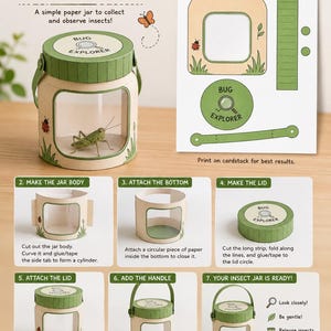 Peut inclure: Un kit de bricolage pour fabriquer un bocal à insectes en papier, comprenant un bocal cylindrique beige avec un couvercle vert, une anse et une fenêtre transparente. Le kit inclut des modèles imprimés, des instructions et des illustrations.