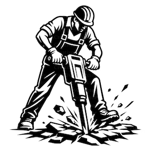 Pracownik budowlany SVG, operator młota pneumatycznego, rozbiórka png, ciężki sprzęt, projekt wykonawcy, siła robocza w budownictwie