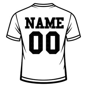 May include: A white short-sleeved t-shirt featuring bold black block lettering that reads NAME across the upper back, positioned above the large black numerals 00. The design is rendered in a clean, high-contrast graphic style with black outlines.