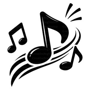 May include: A black graphic illustration of three musical notes arranged in a dynamic composition. The central note is larger and surrounded by curved motion lines and smaller notes, creating a sense of movement and rhythm in the design.
