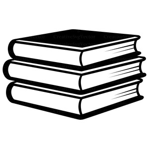 May include: A black and white graphic illustration of a stack of three books. The books are positioned one on top of the other, featuring thick black outlines and white pages. The text CreativeSvgVector is repeated faintly across the image.